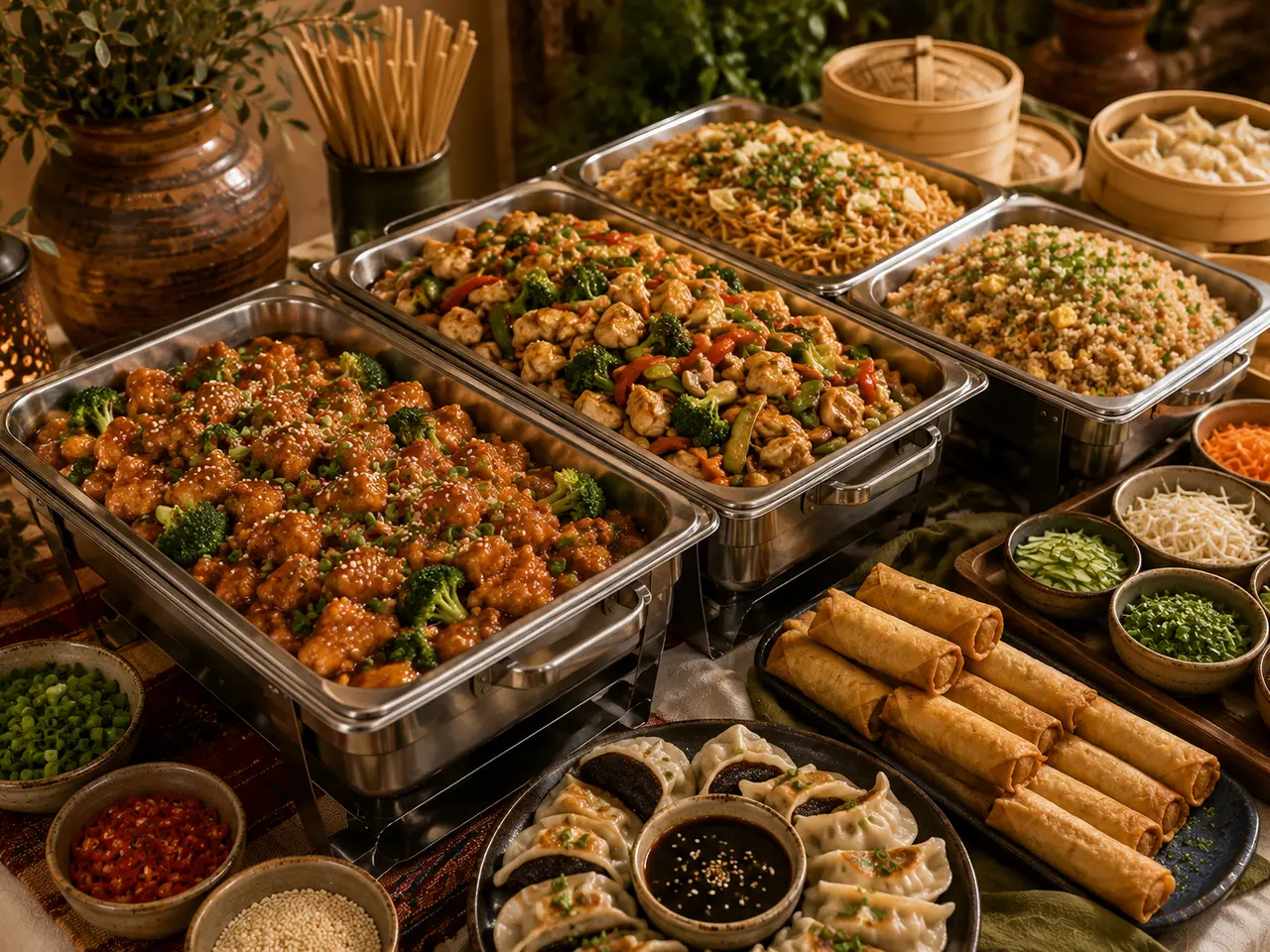 Asian catering spread with stir-fry, fried rice, lo mein and egg rolls, catering in Las Cruces, NM