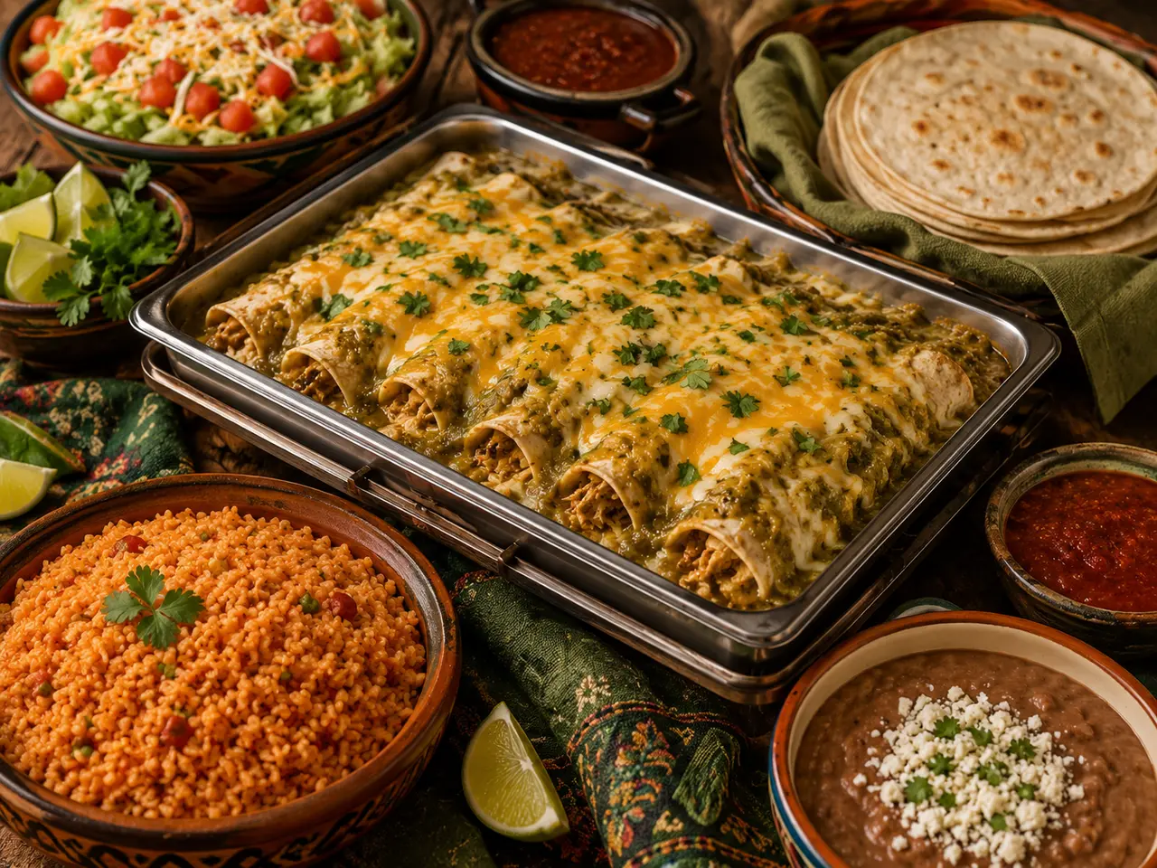 Green chile chicken enchiladas with Spanish rice and refried beans, New Mexican catering in Las Cruces