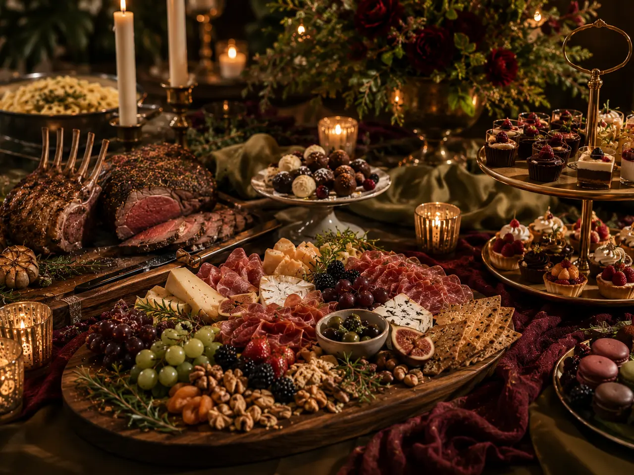 Grazing table with cheeses, fruit and candlelight, catering in Las Cruces, NM