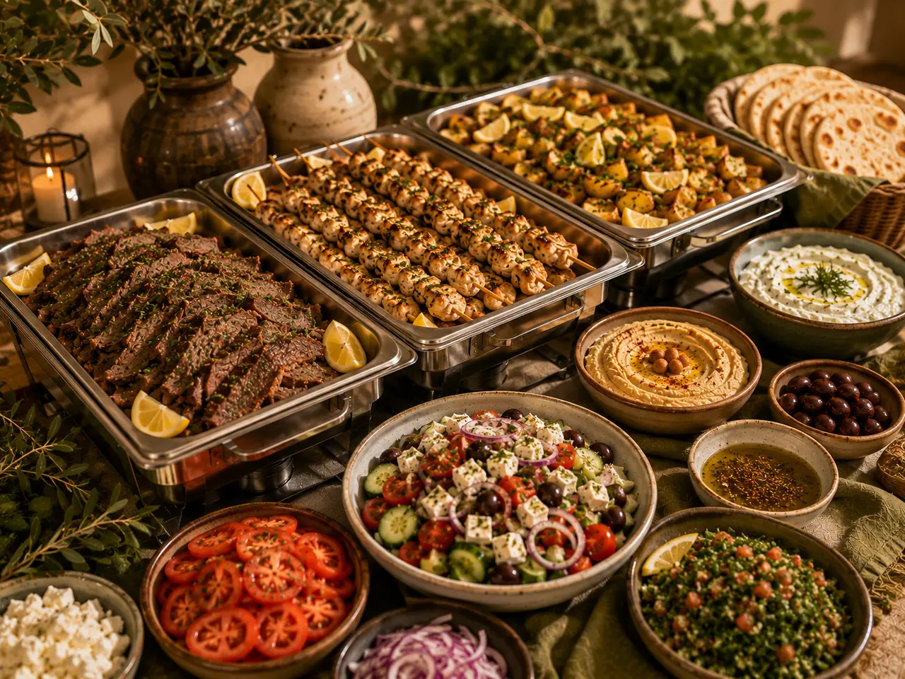 Greek mezze spread with hummus, olives and pita, catering in Las Cruces, NM