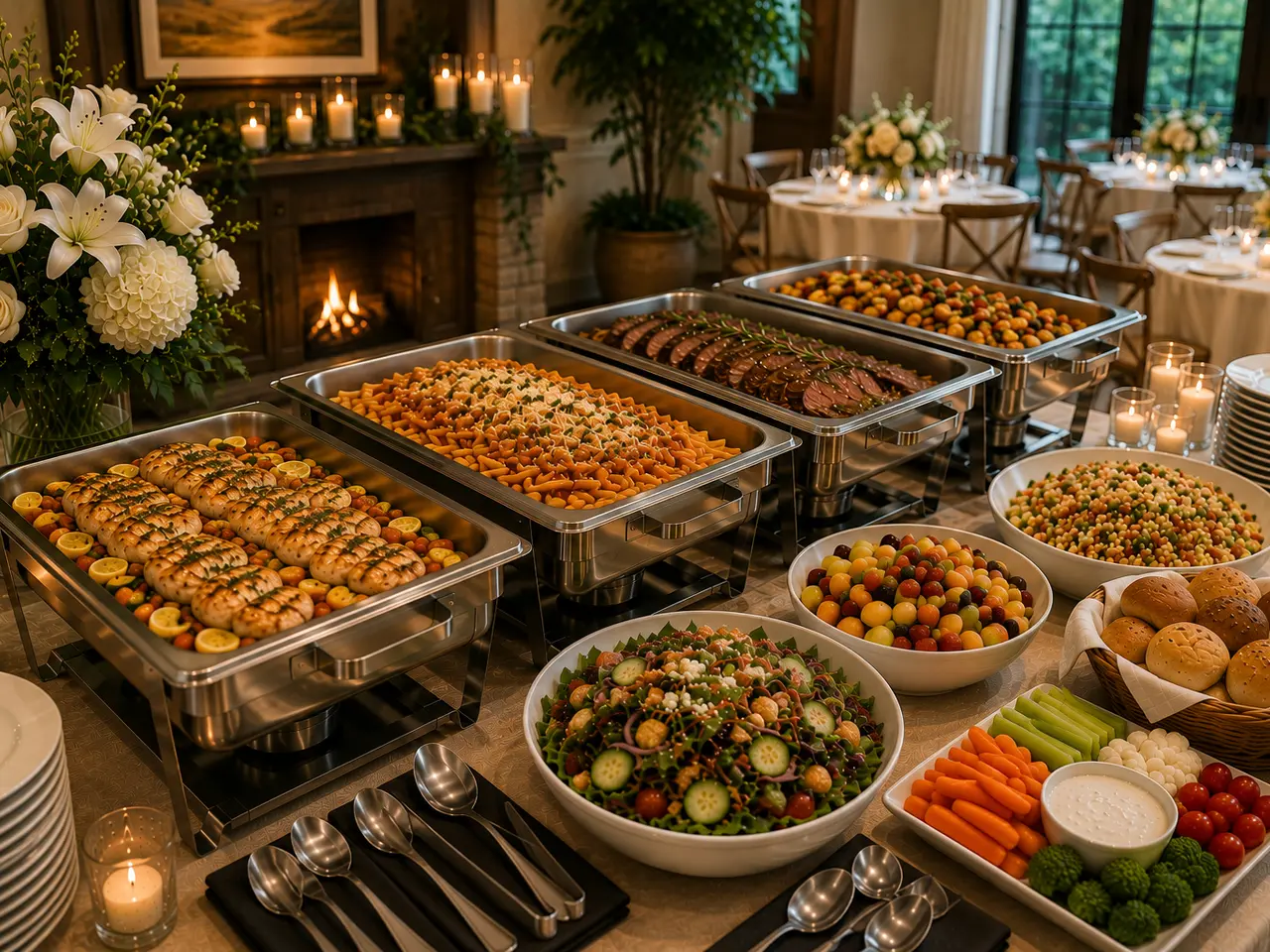Elegant wedding buffet with florals and chafing dishes in Las Cruces, NM