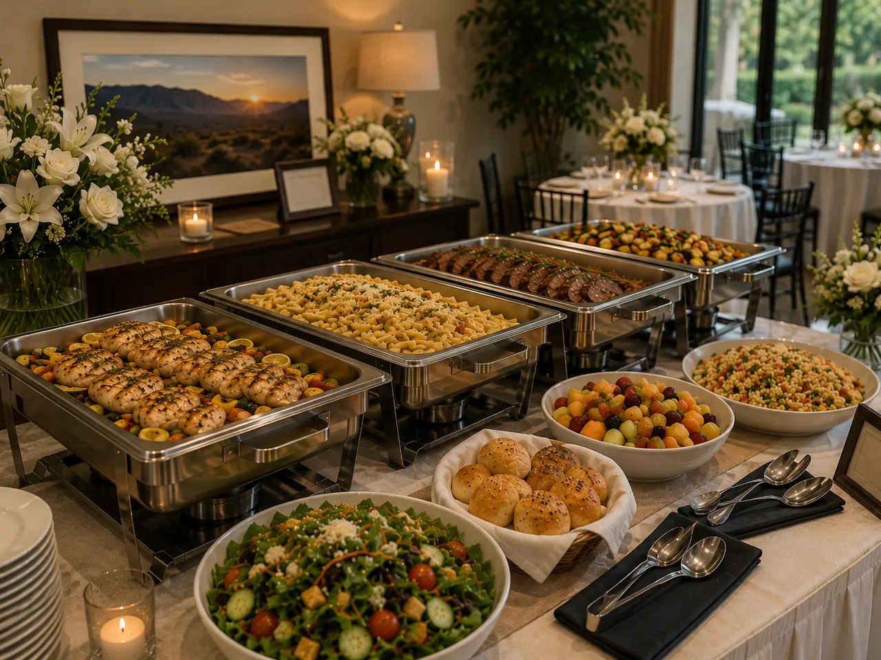 Wedding reception buffet at a candlelit venue in Las Cruces, NM