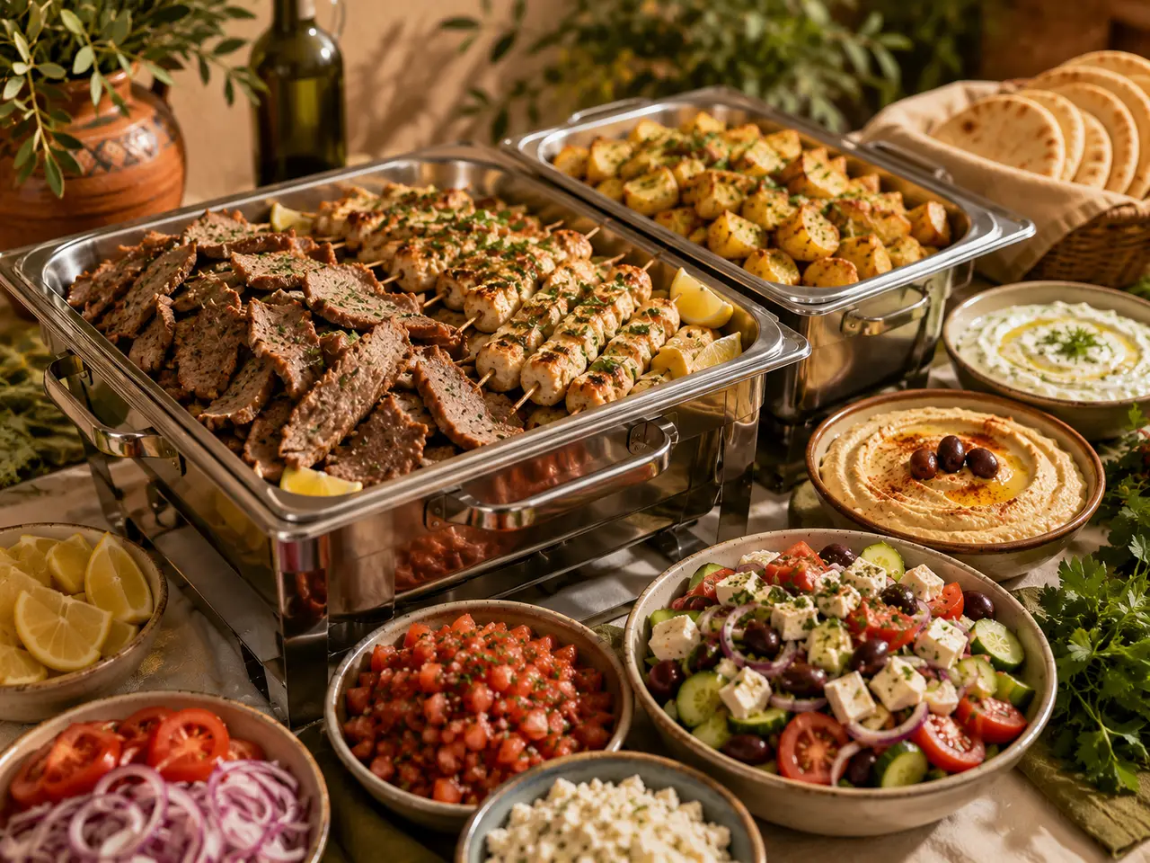 Greek catering spread with gyros, souvlaki, Greek salad and pita, catering in Las Cruces, NM