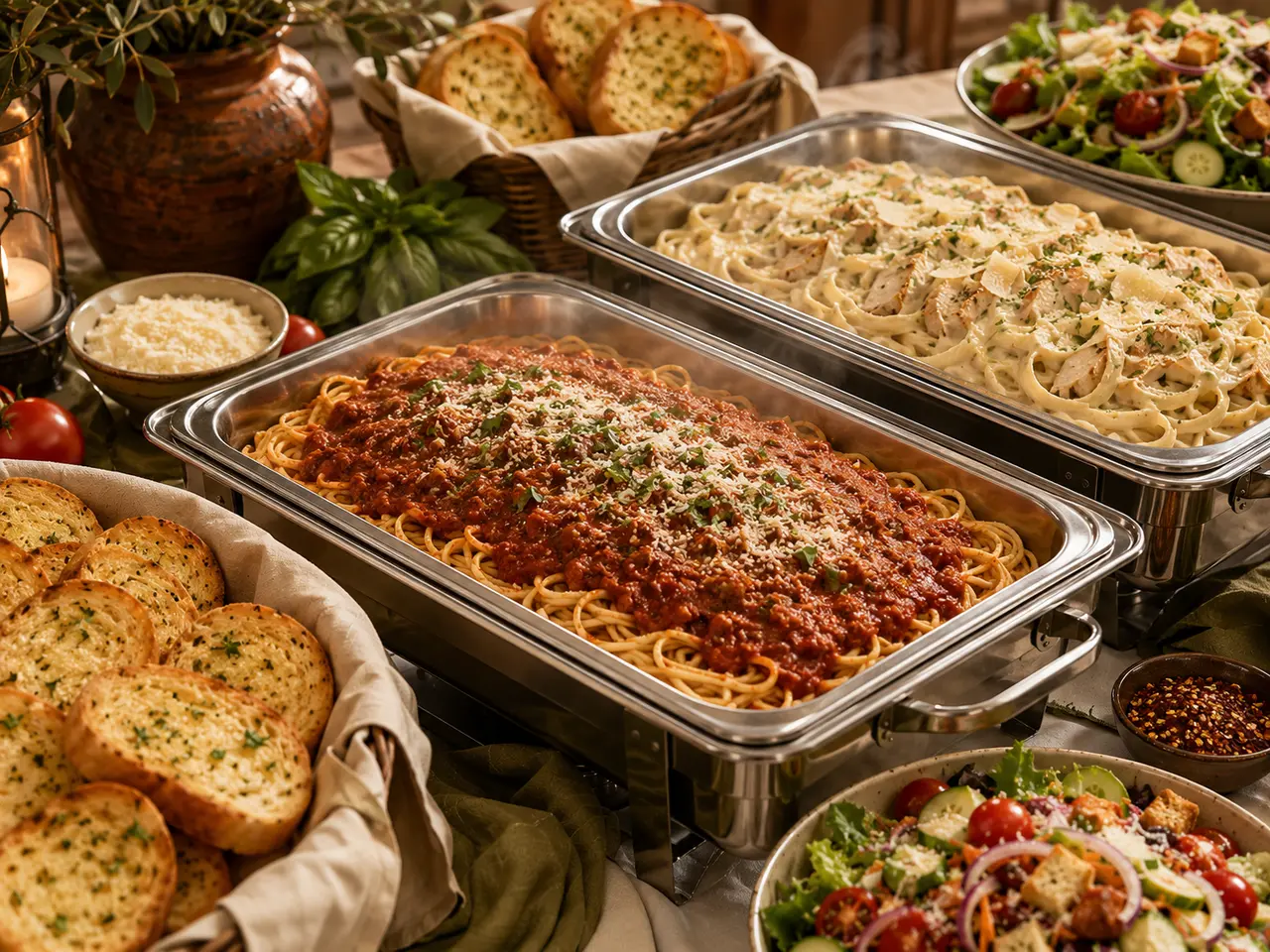 Spaghetti marinara with garlic bread and a crisp salad, Italian catering in Las Cruces, NM